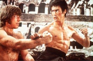 Bruce Lee (R) and Chuck Norris, during the filming of The Way of the Dragon